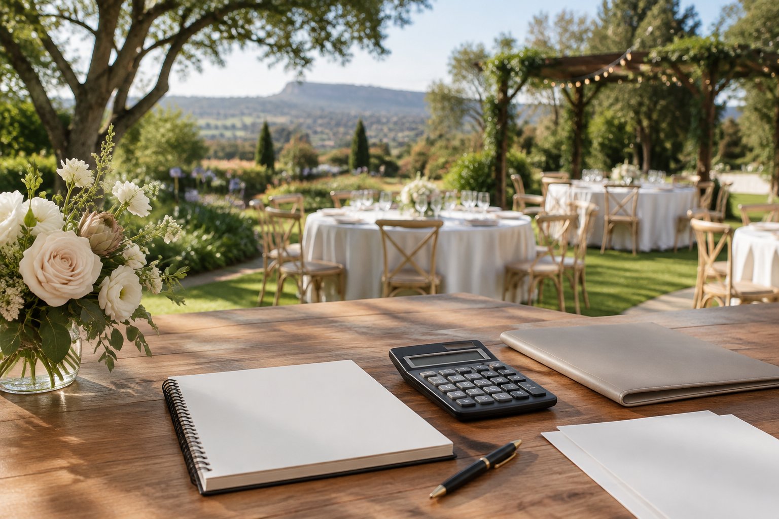 A wedding budget notebook and calculator on a table overlooking an elegant garden reception setup.