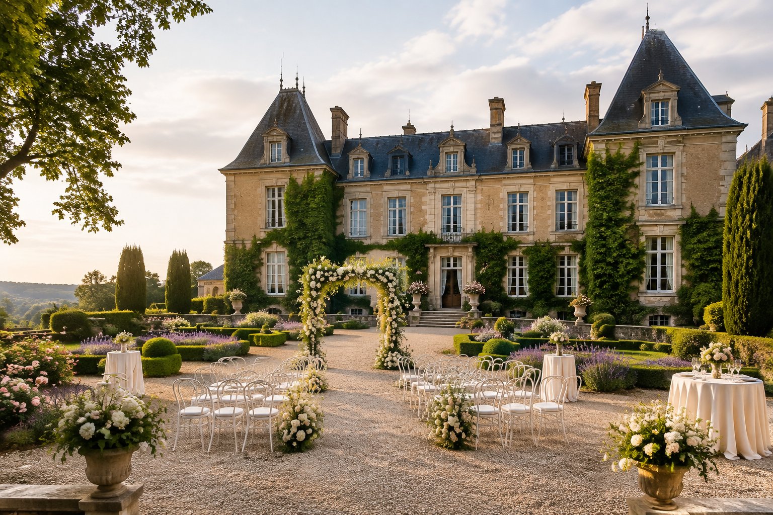 A historic French château with formal gardens and an elegant outdoor wedding ceremony setup.