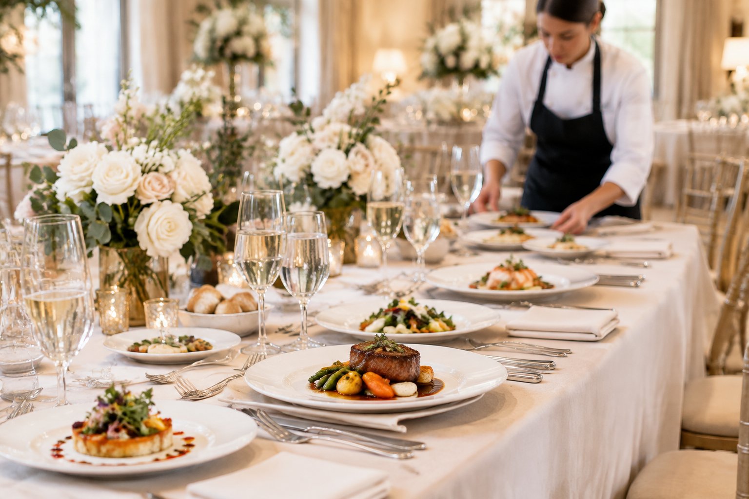 An elegant wedding reception table with plated food, place settings, and a catering professional arranging dishes.