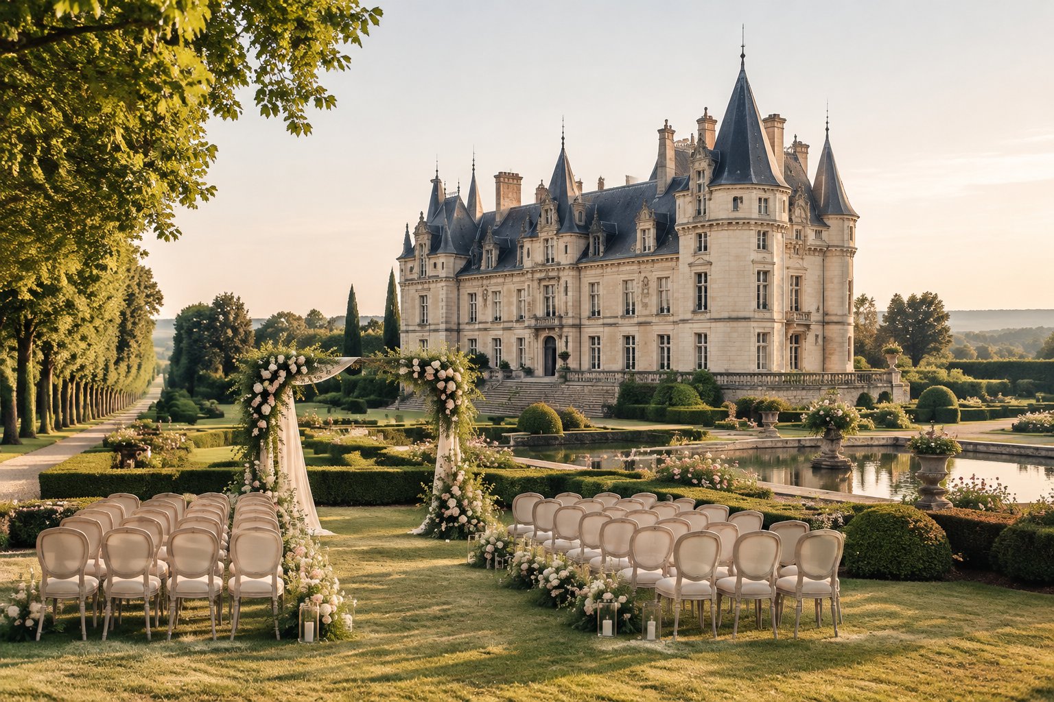 A historic French chateau overlooks formal gardens prepared for a wedding ceremony.