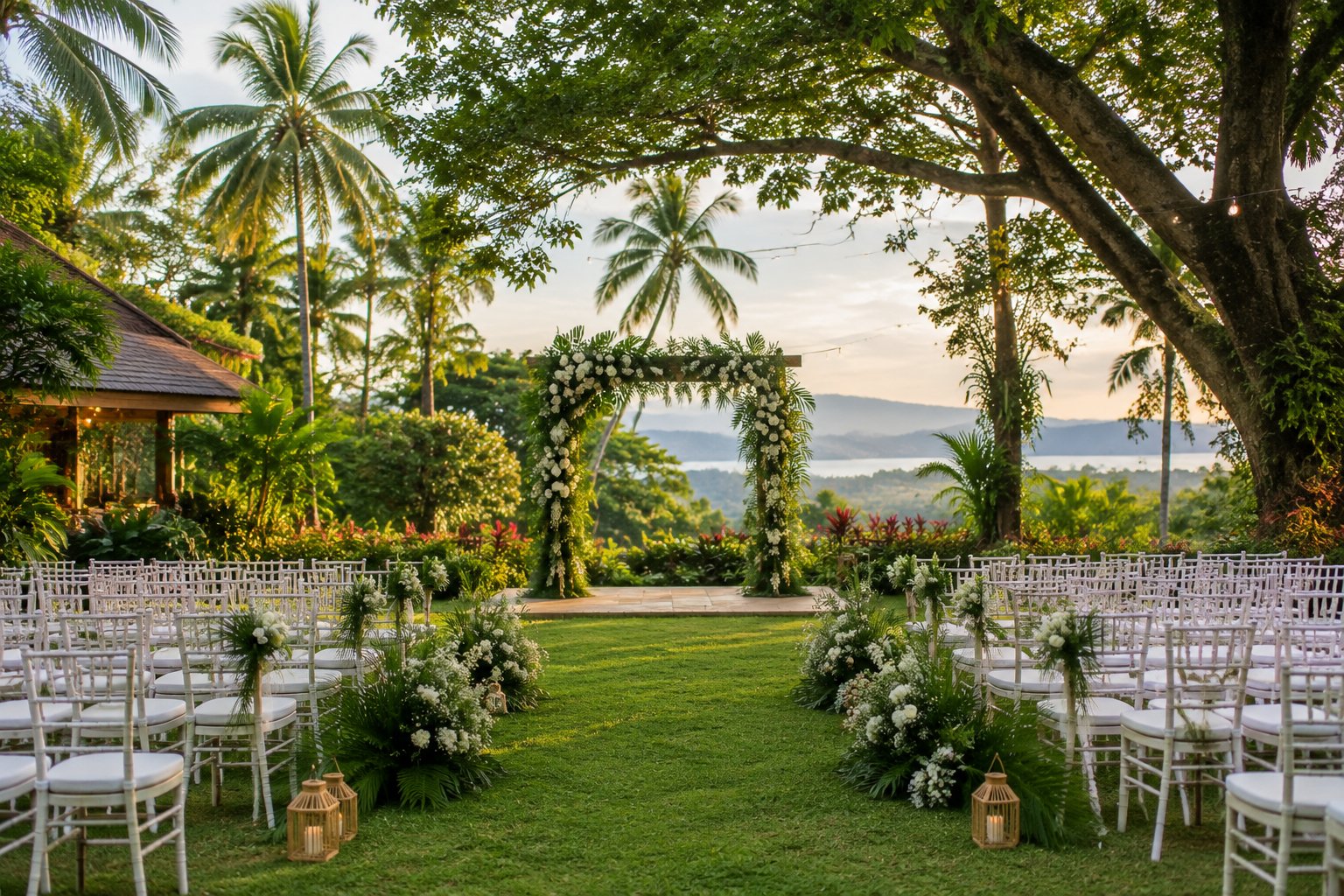 A tropical garden wedding venue in Davao City with a floral ceremony arch, white chairs, lush greenery, and warm string lights.