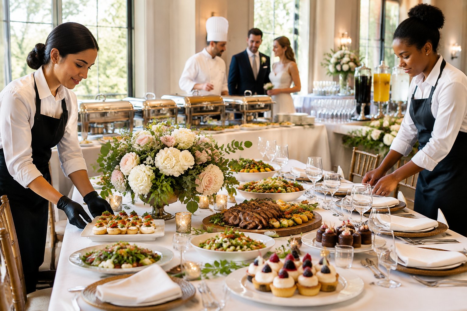 Catering staff prepare a beautifully arranged wedding reception table with plated food, drinks, and serving dishes.