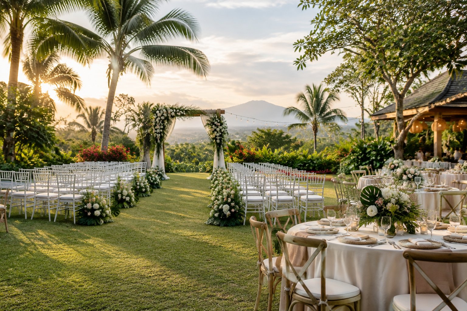 A decorated wedding ceremony and reception area in a lush tropical garden.