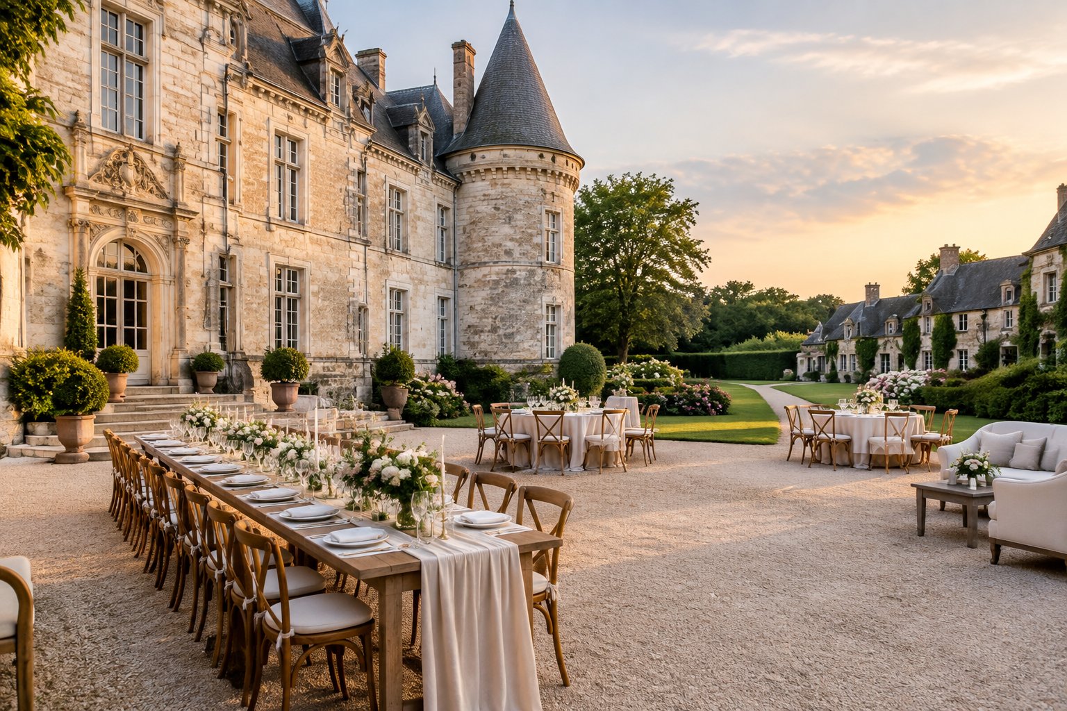 A wedding reception setup in the courtyard of an elegant French chateau, with gardens and guest accommodations in the background.