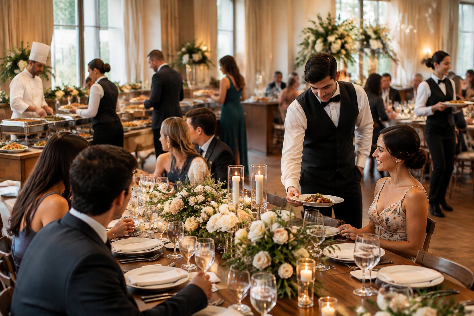 Caterers serve food to guests at an elegant wedding reception.