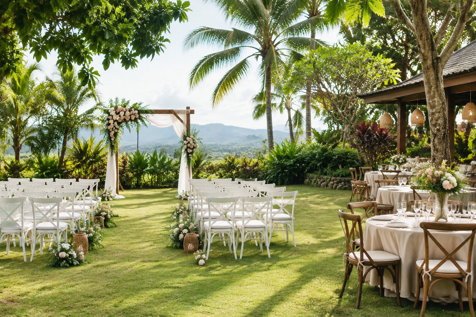 A modest tropical garden wedding venue in Davao City with white chairs, floral decorations, and neatly arranged reception tables.