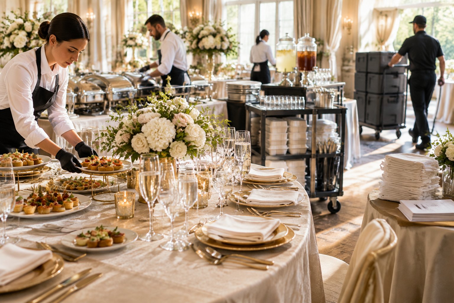 Caterers prepare an elegant wedding reception meal alongside equipment and supplies.
