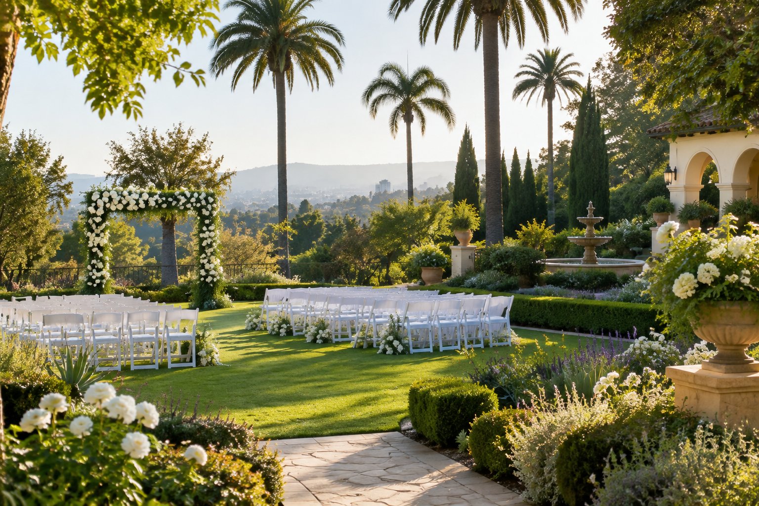 A landscaped garden wedding ceremony area with white chairs, flowers, trees, and a decorative arch.