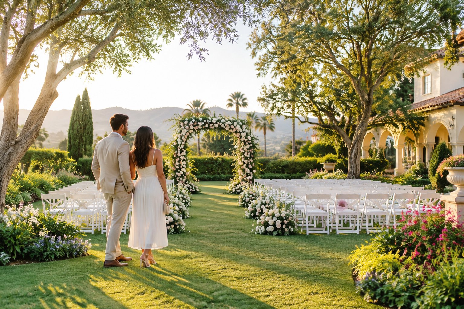 A couple explores a lush garden wedding venue with a floral ceremony arch and white chairs.