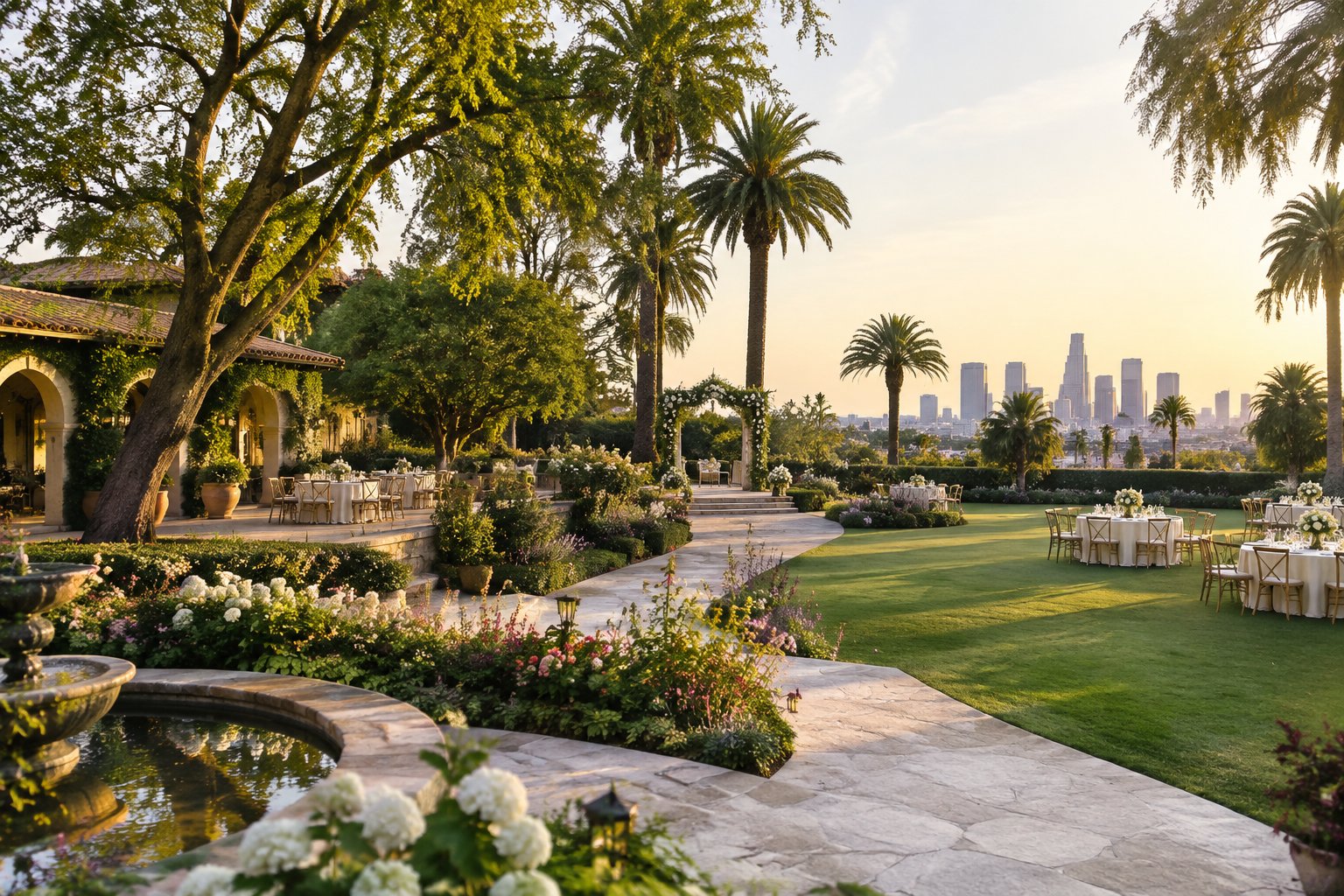 A lush Los Angeles garden wedding venue with flowering plants, manicured lawns, palm trees, and an elegant ceremony arbor.