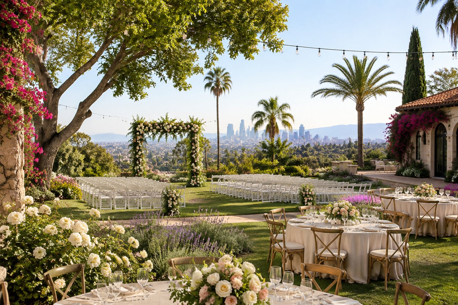 An elegant outdoor wedding ceremony and reception setup in a lush Los Angeles garden.