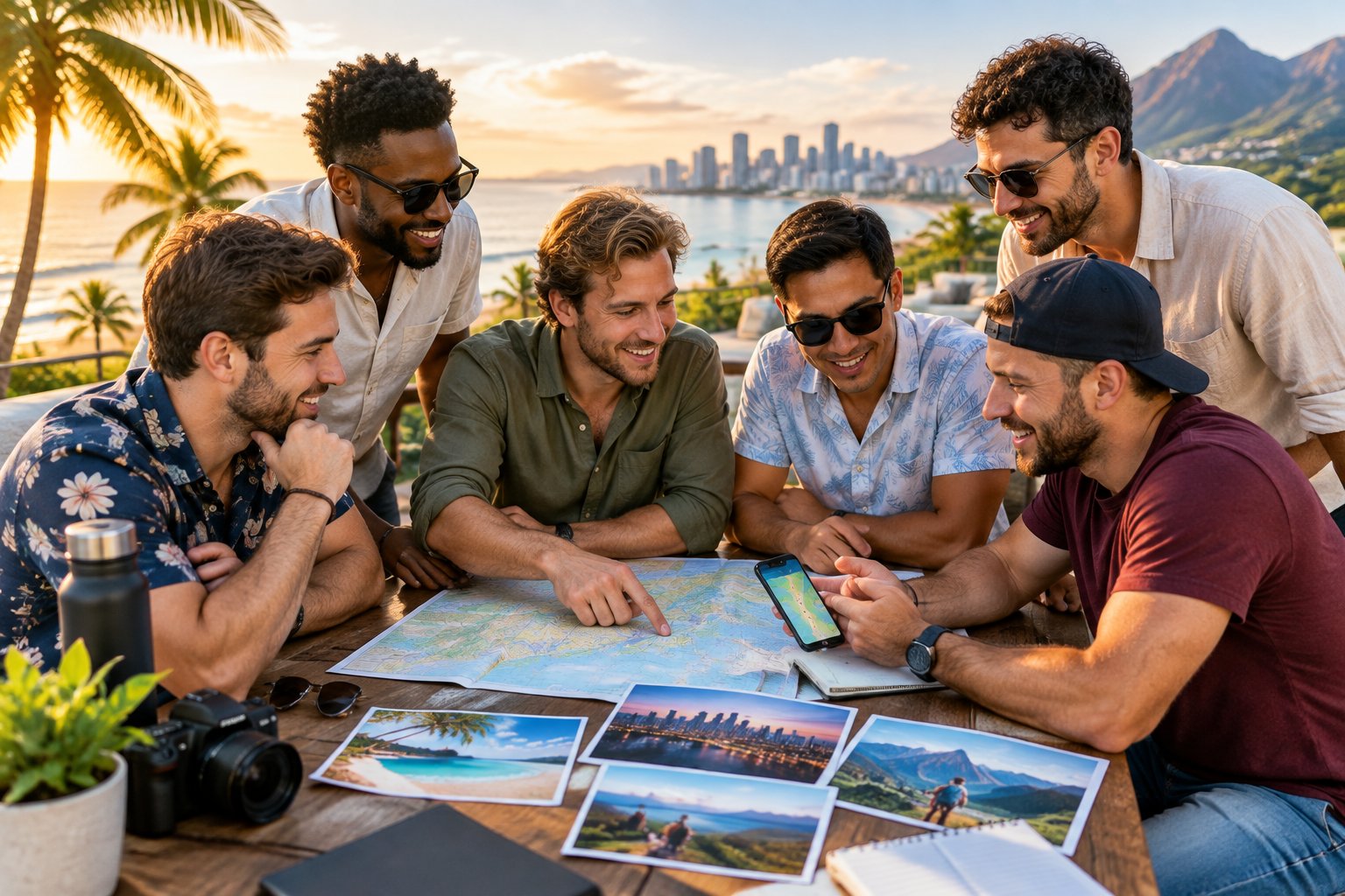 A group of friends compares travel options at an outdoor table overlooking a beach, city, and mountains.