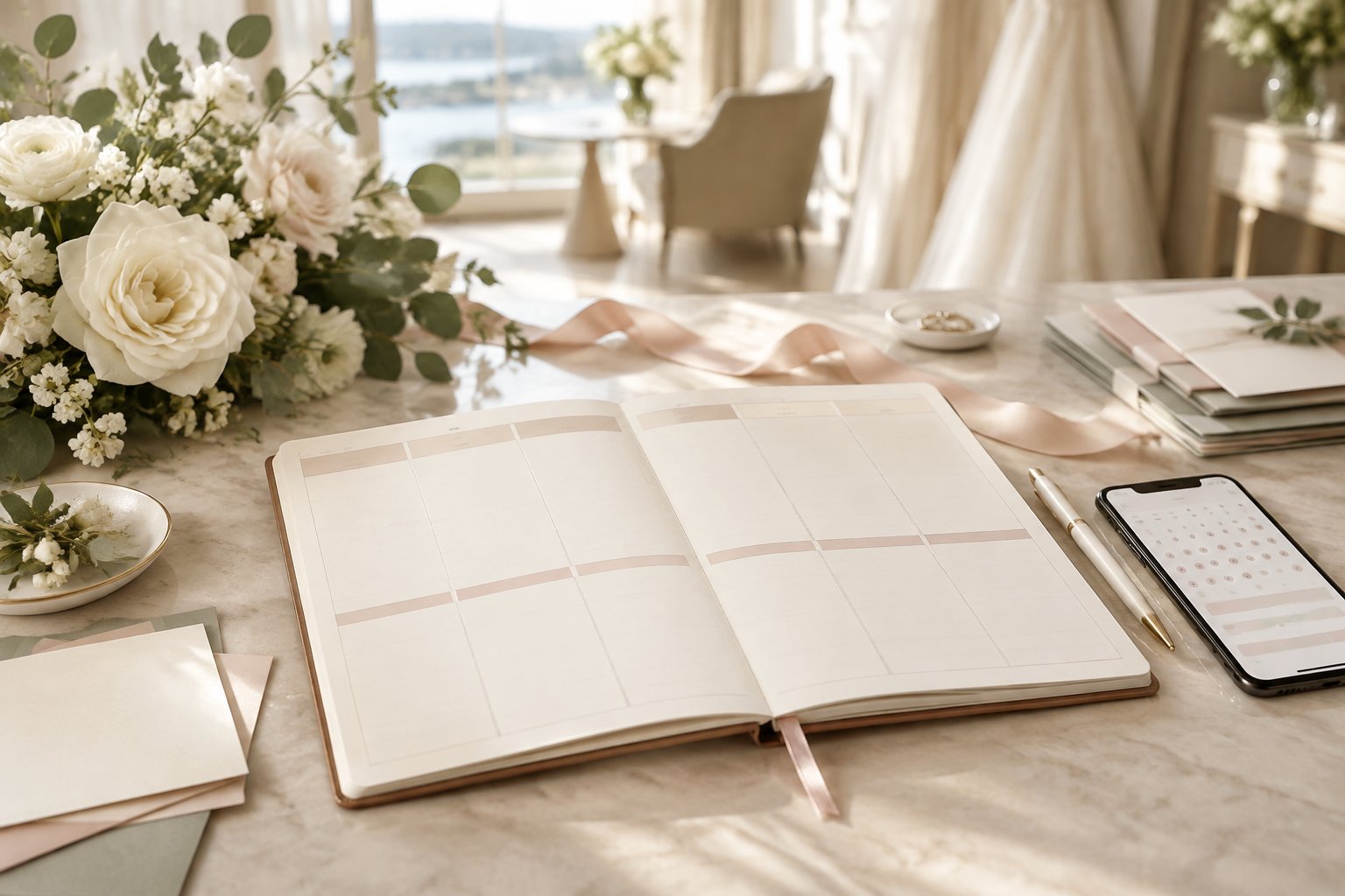 A wedding planning desk with a blank multi-day planner, stationery, flowers, and a smartphone arranged in a bright elegant room.