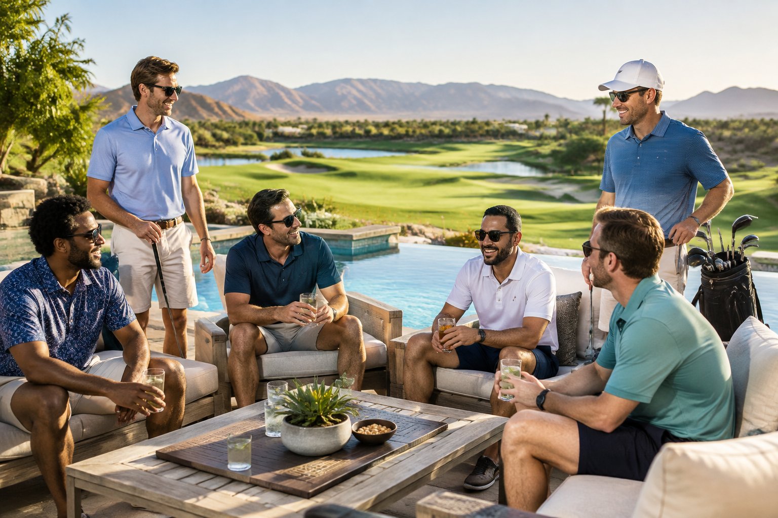 A group of friends relaxes beside a resort pool with a golf course in the background.