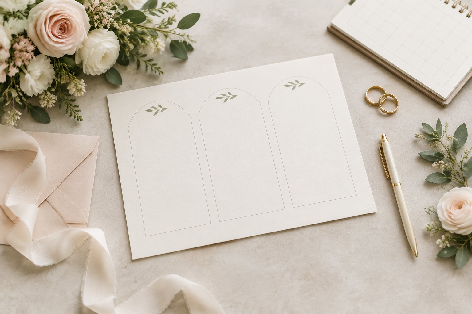 A wedding planning workspace with a blank three-day schedule, flowers, stationery, and wedding rings.