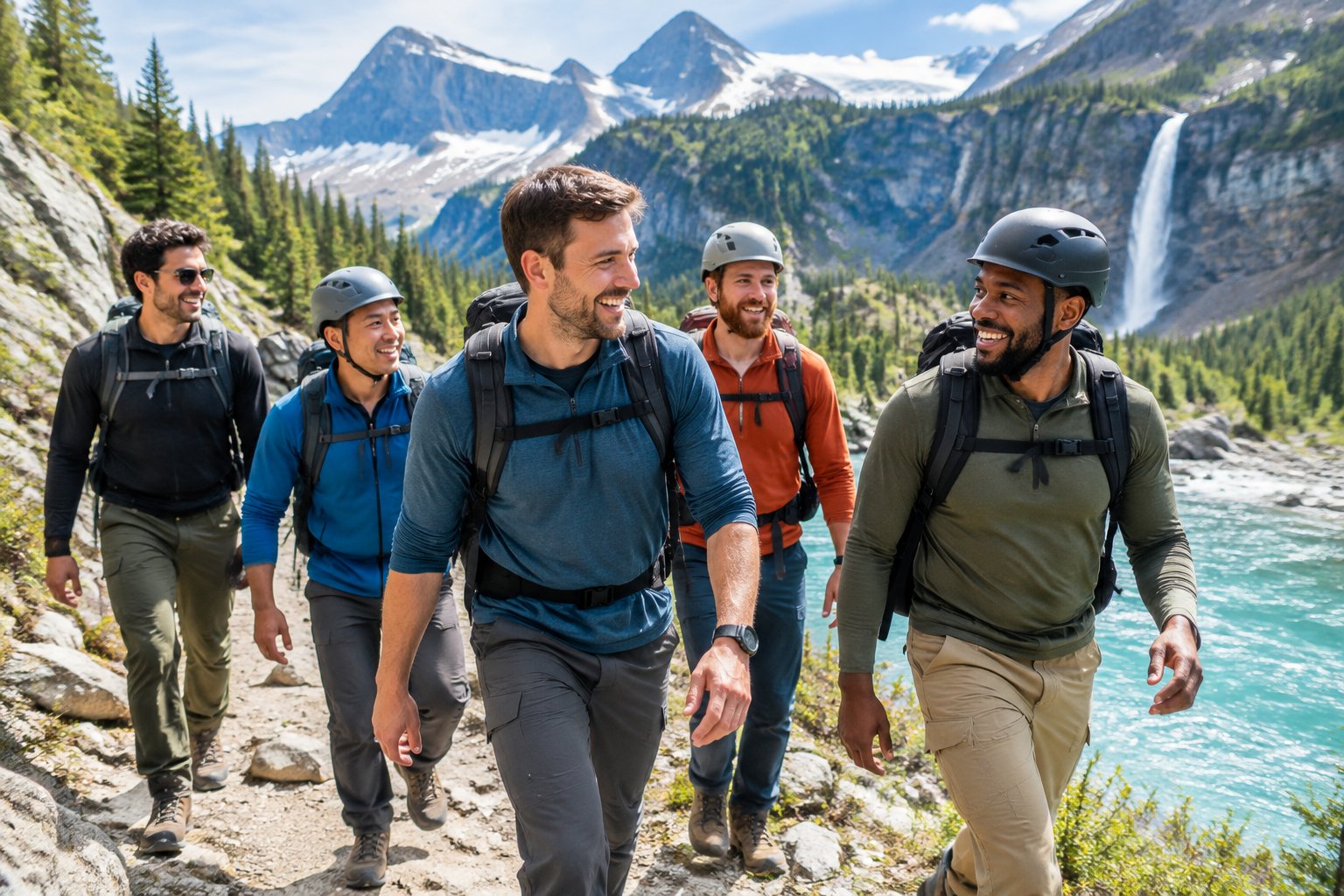 A group of friends hiking together along a scenic mountain trail beside a turquoise river.