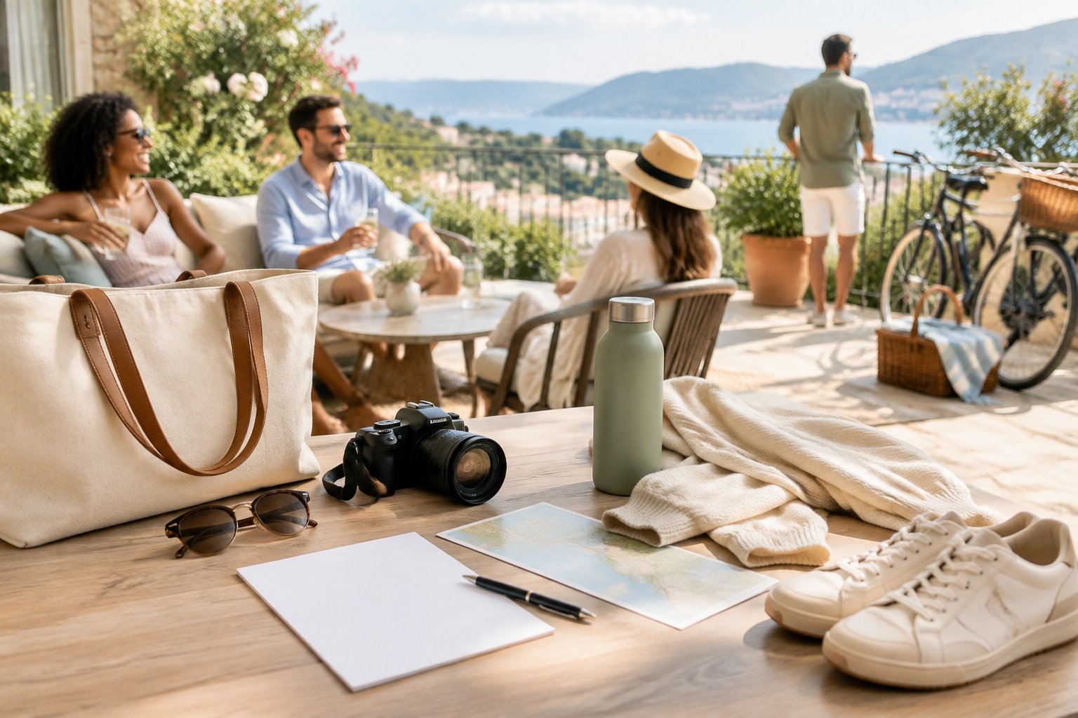 Wedding guests relax outdoors with travel essentials and optional activities nearby.