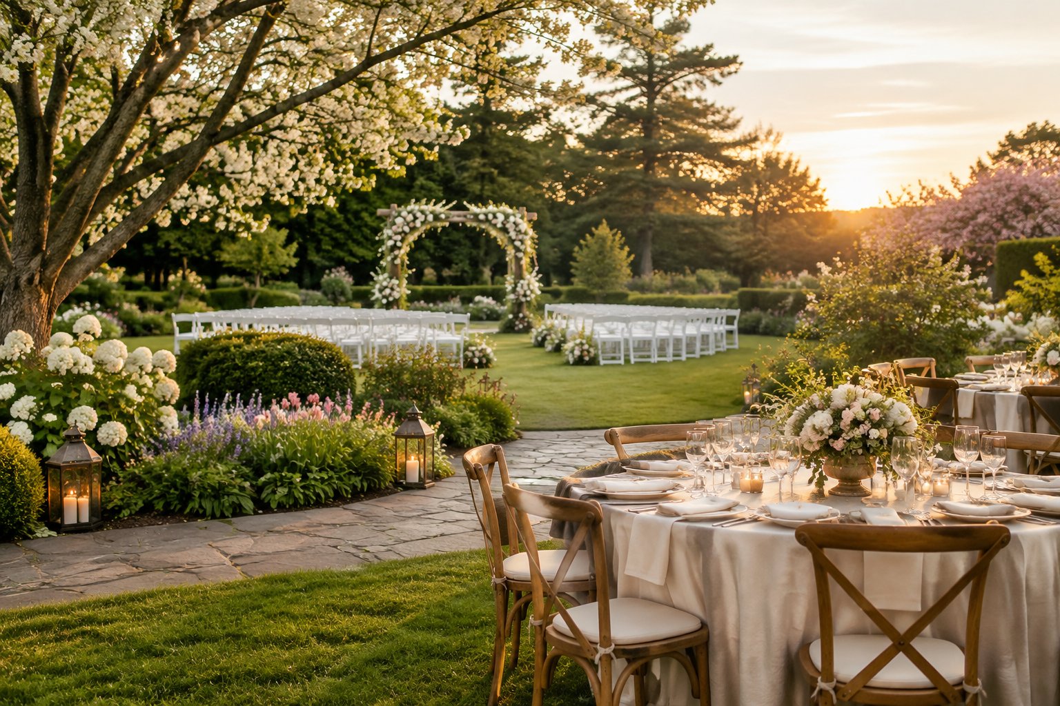 Elegant outdoor wedding ceremony and reception setup in a lush landscaped garden.