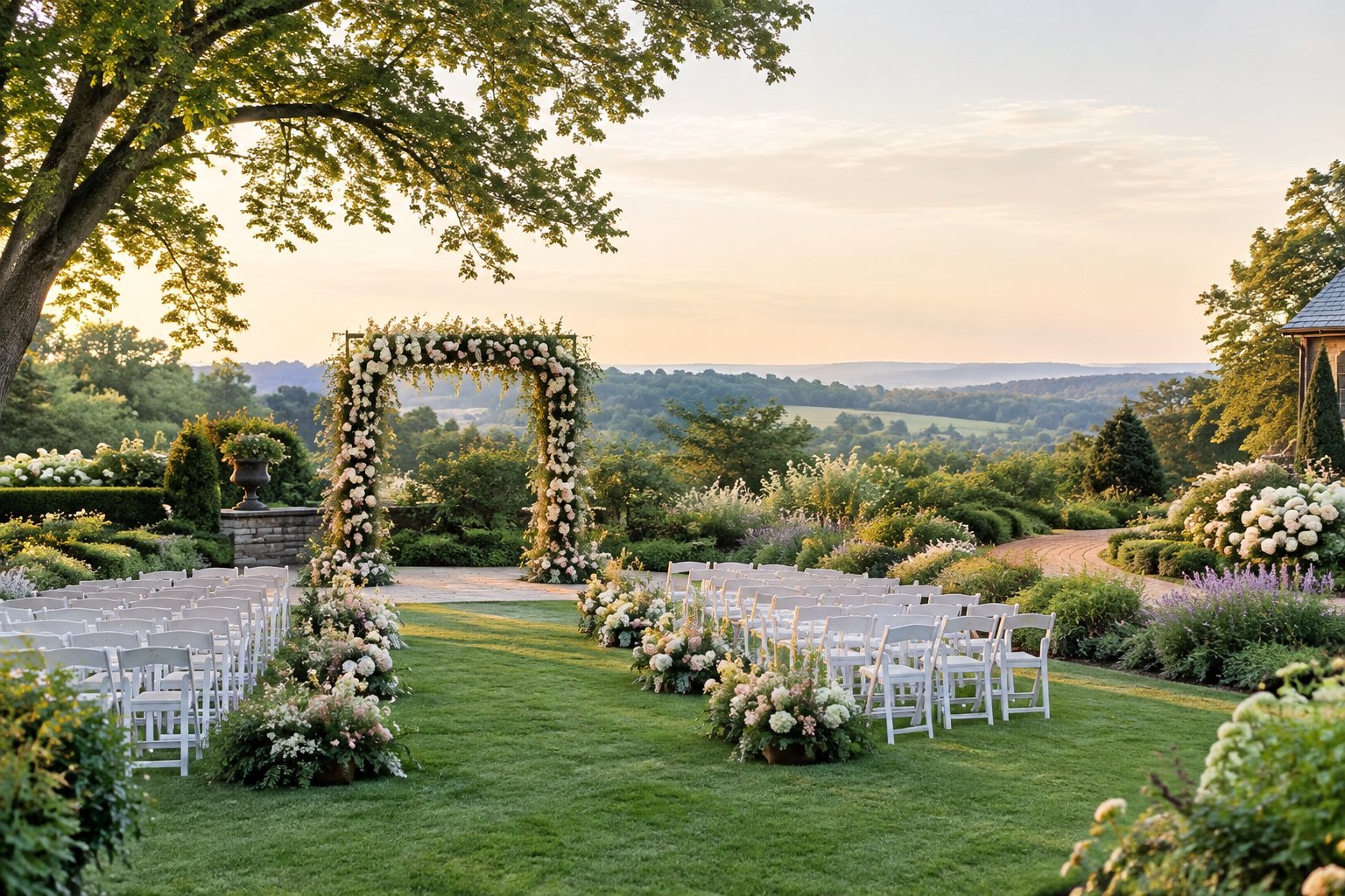 An elegant outdoor wedding ceremony set in a lush landscaped garden with a floral arch and white chairs.
