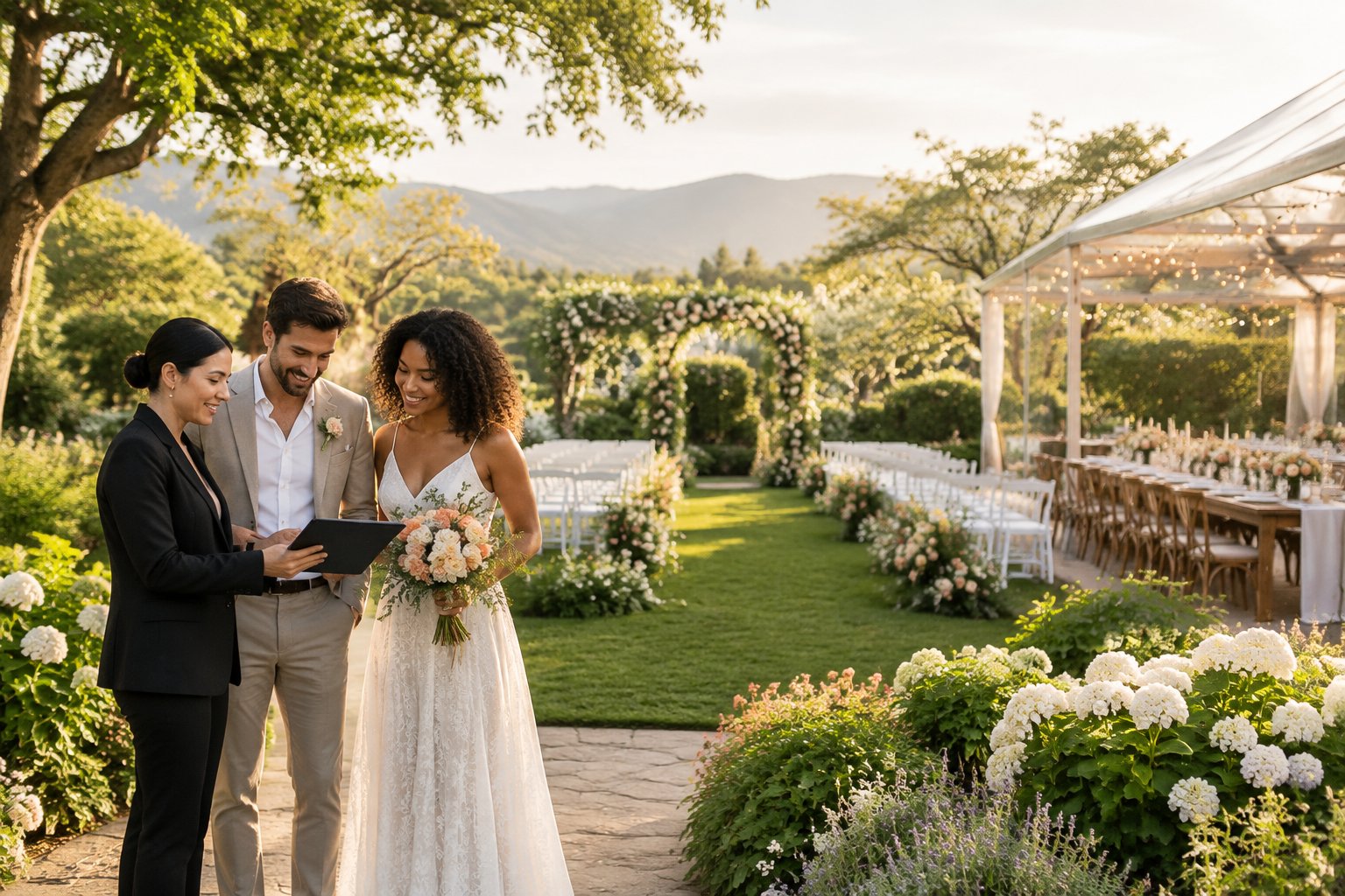 A couple and venue coordinator review arrangements beside a decorated garden wedding ceremony and reception area.