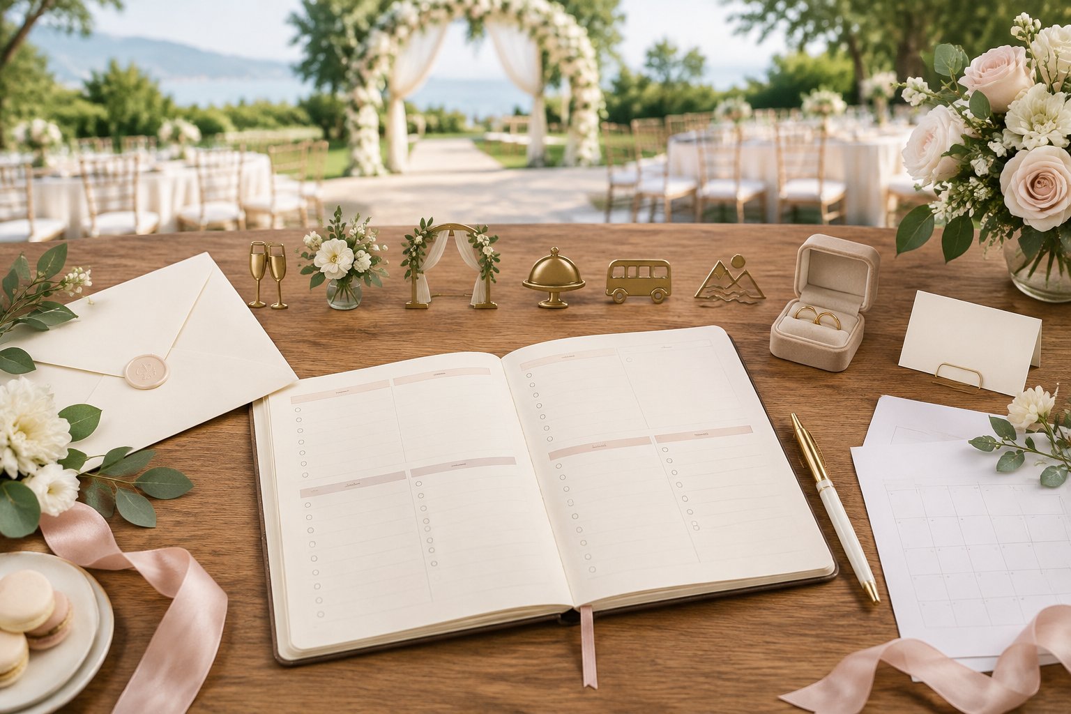 A wedding planning workspace with a blank schedule planner, rings, flowers, invitations, and calendar items arranged near an elegant venue.