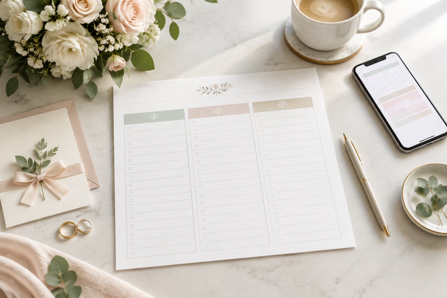 Wedding planning items arranged on a desk beside a blank schedule sheet and flowers.