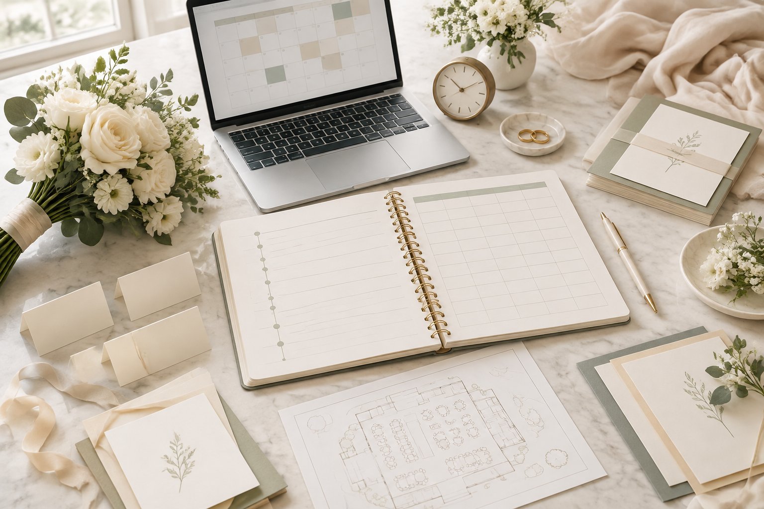 A wedding planning workspace with a blank schedule, stationery, flowers, rings, and a clock.