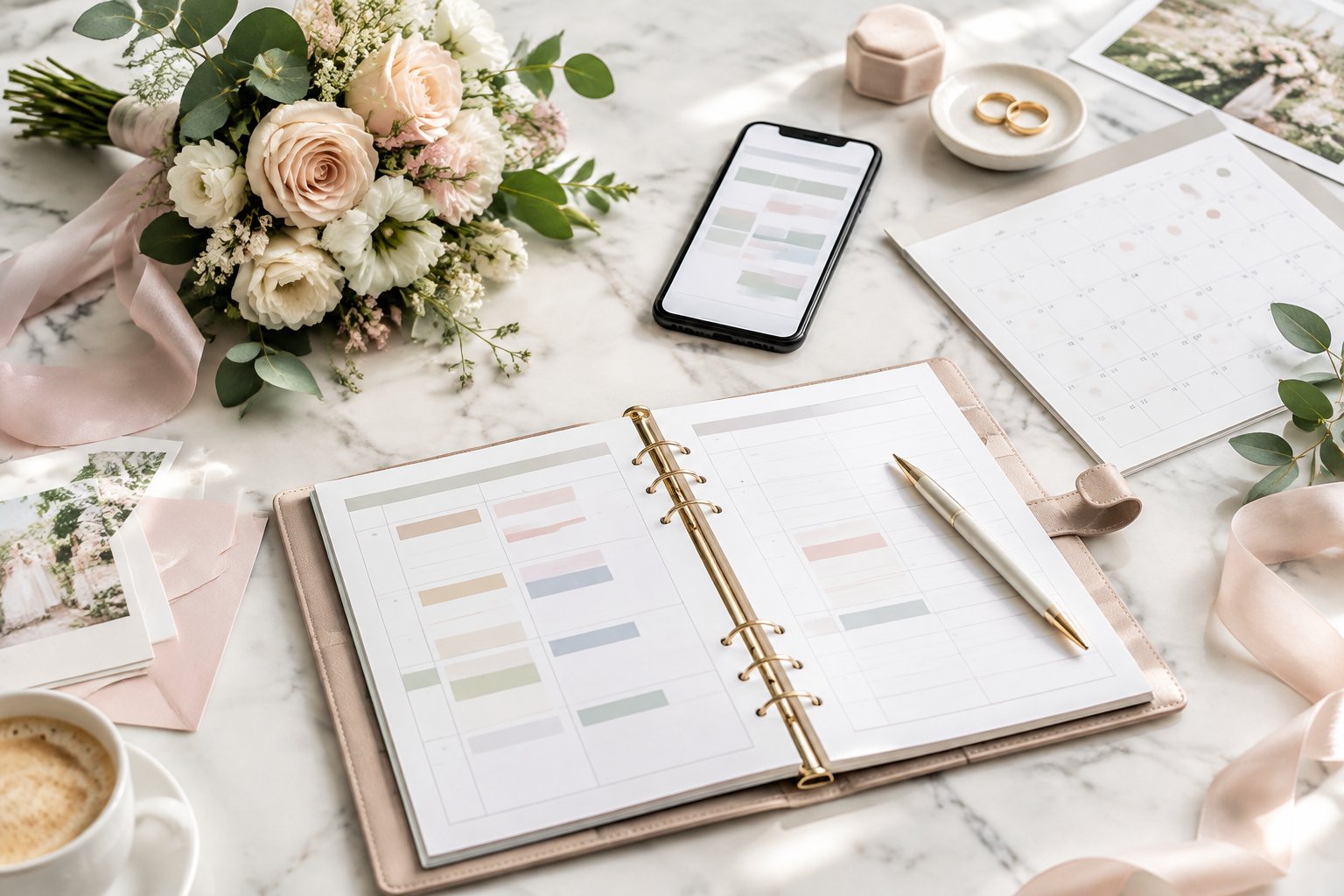 Wedding planning materials and flowers arranged on a bright table.