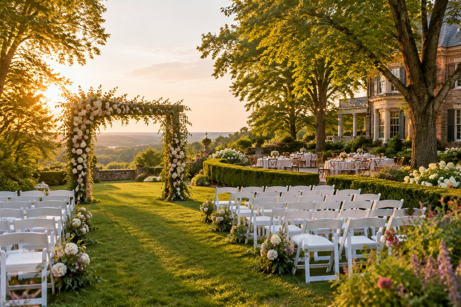 An elegant outdoor wedding ceremony set in a lush garden with floral decorations and white chairs.