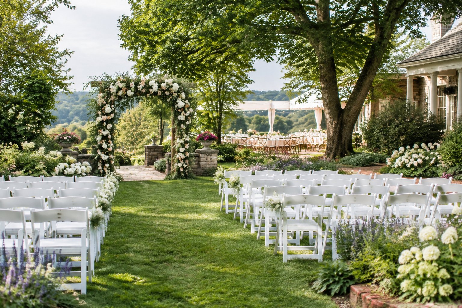 An elegant outdoor wedding ceremony setup in a lush garden with flowers, chairs, and mature trees.