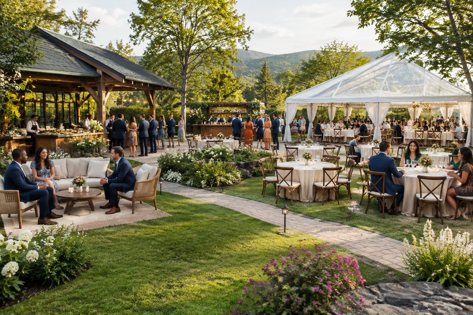 Outdoor garden wedding reception with spacious seating areas, a pavilion, dining tables, and guests mingling among flowers and trees.
