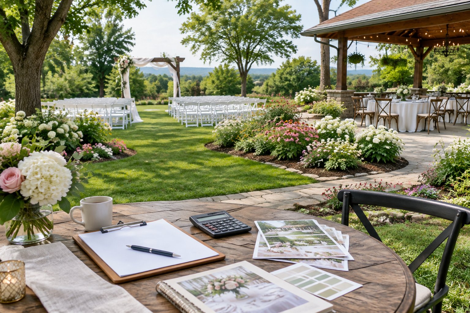 A landscaped garden wedding venue in Jefferson with ceremony seating and a small table holding blank planning materials.