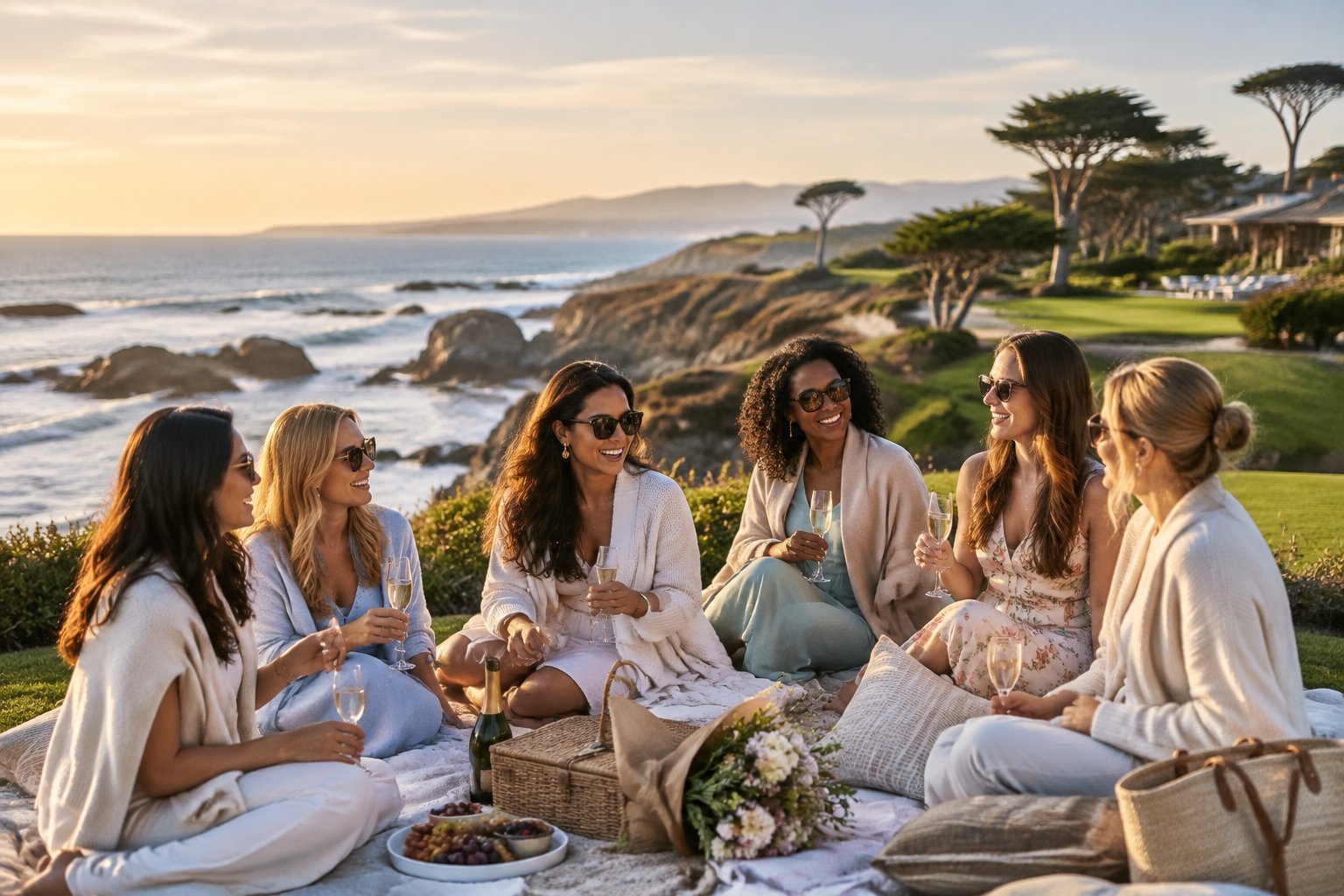 A group of women friends enjoying a relaxed celebration at a scenic Pebble Beach coastal overlook.