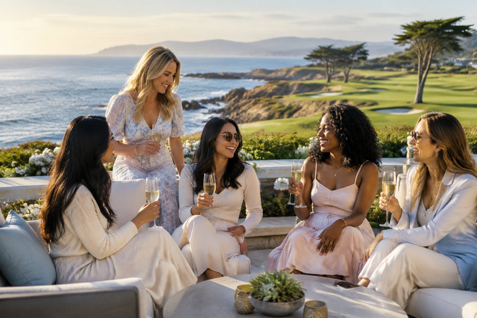 A group of women enjoying drinks together at a luxury coastal resort near Pebble Beach.