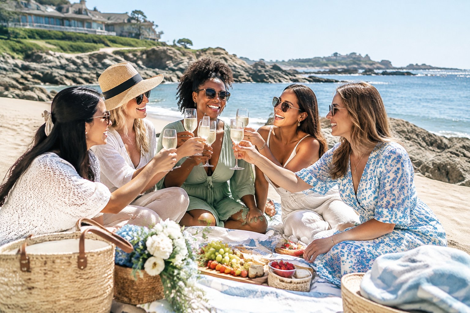 A group of women friends celebrating together on a sunny Pebble Beach shoreline.