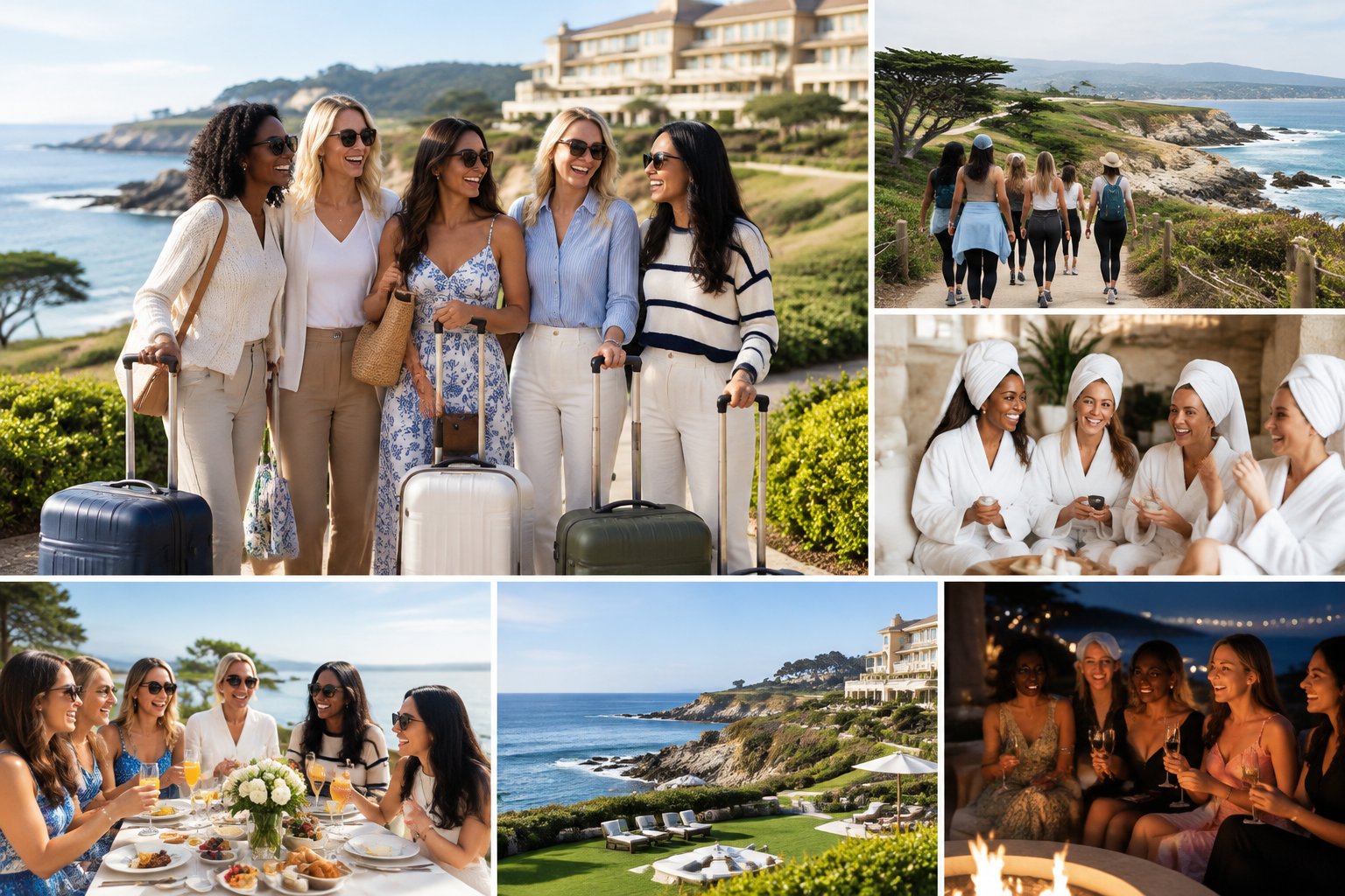 A group of women friends enjoying a coastal hen party at a luxury seaside resort.