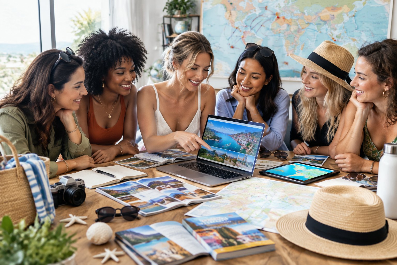 A bride and her friends compare travel options around a table while planning a hen party destination.