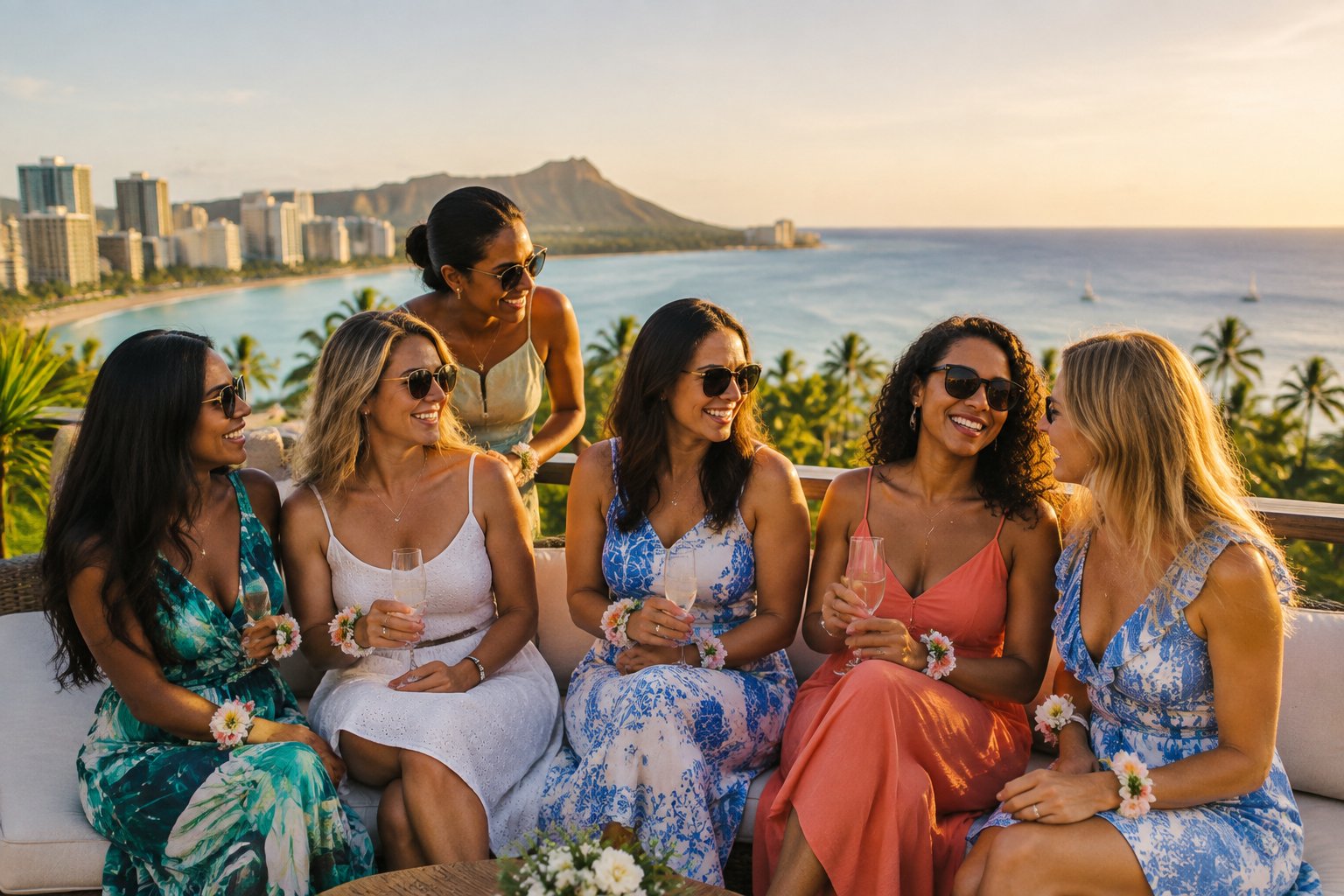 A group of friends celebrating together on a rooftop overlooking a tropical coastal city and beach.