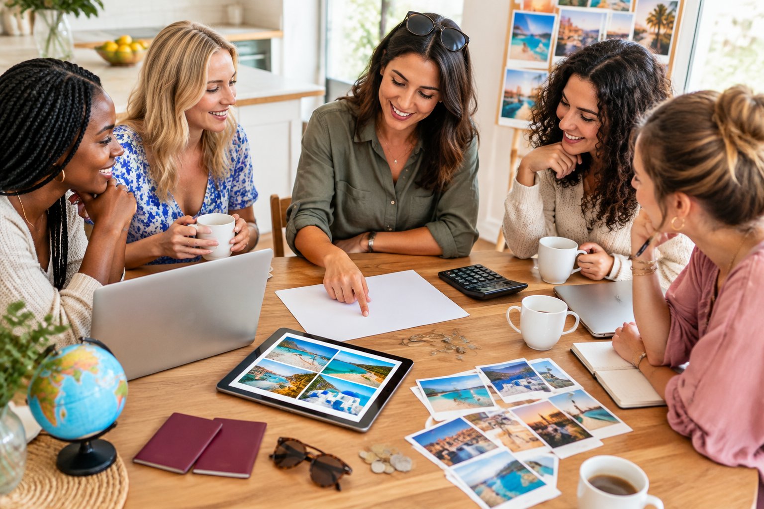 Friends work together at a table to plan an affordable hen party destination and shared budget.