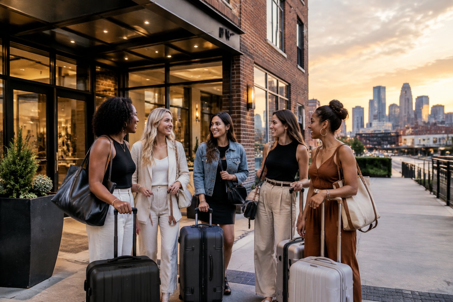 A group of women with luggage gathers outside a stylish hotel in Kansas City.