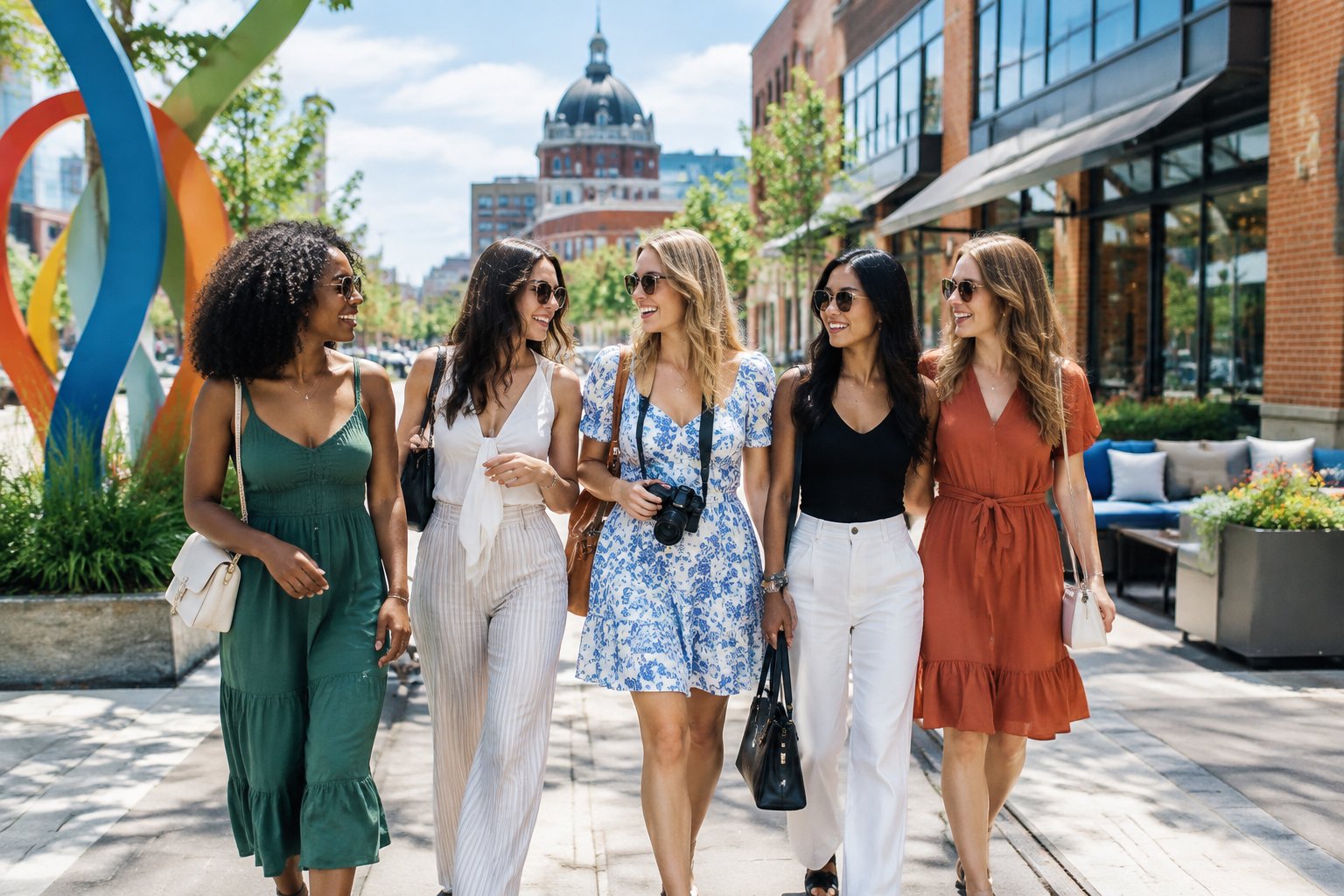 A group of friends enjoys a sunny daytime outing together in a lively Kansas City neighborhood.