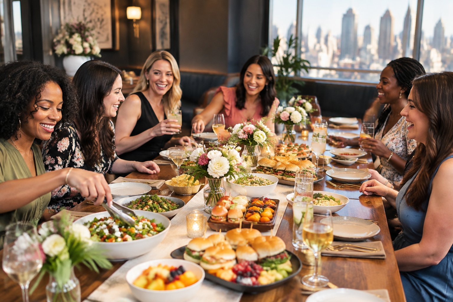 A group of friends sharing a varied meal and drinks at a celebratory table.