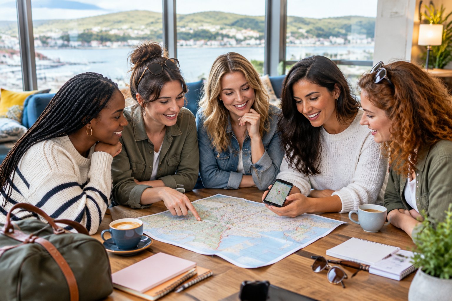 A group of friends planning a hen party destination around a map in a bright accommodation lounge.