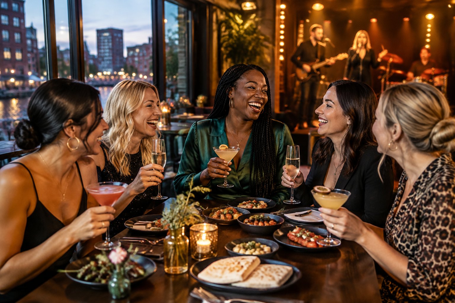 Friends enjoying food, drinks, and live music during a city break.