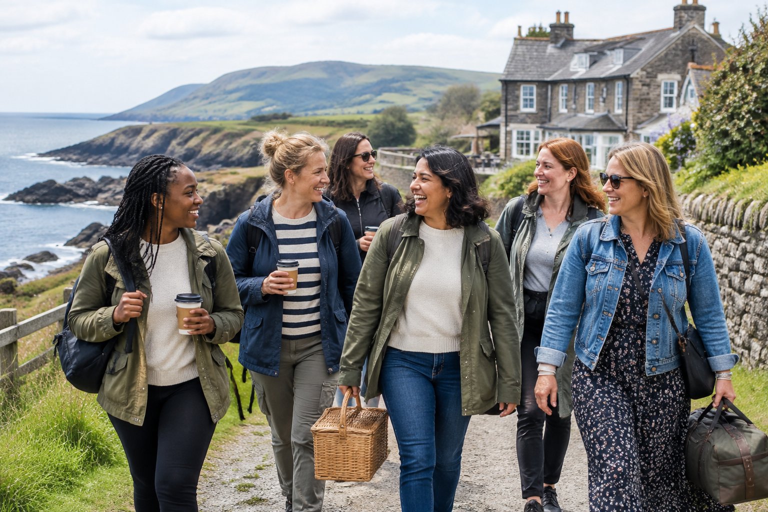 A diverse group of friends enjoys a scenic weekend walk along the Northwest coast.