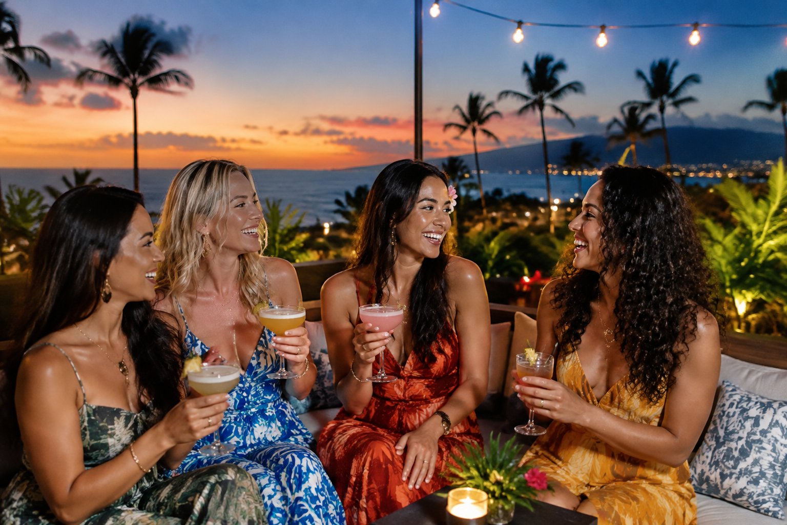 A group of women celebrating together at a tropical rooftop lounge overlooking the Maui coastline at night.