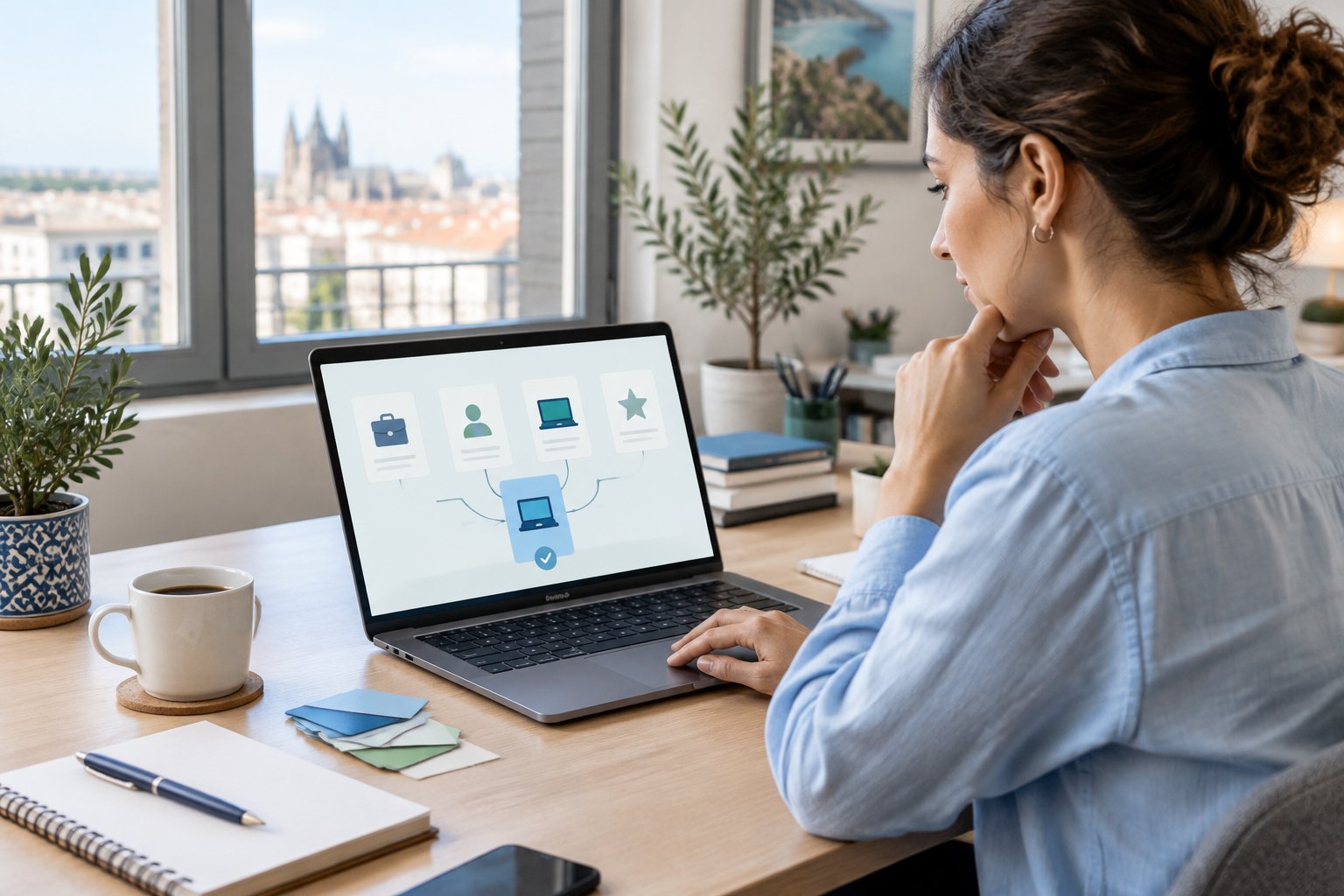 Persona trabajando desde casa y comparando opciones de empleo remoto en un portátil.