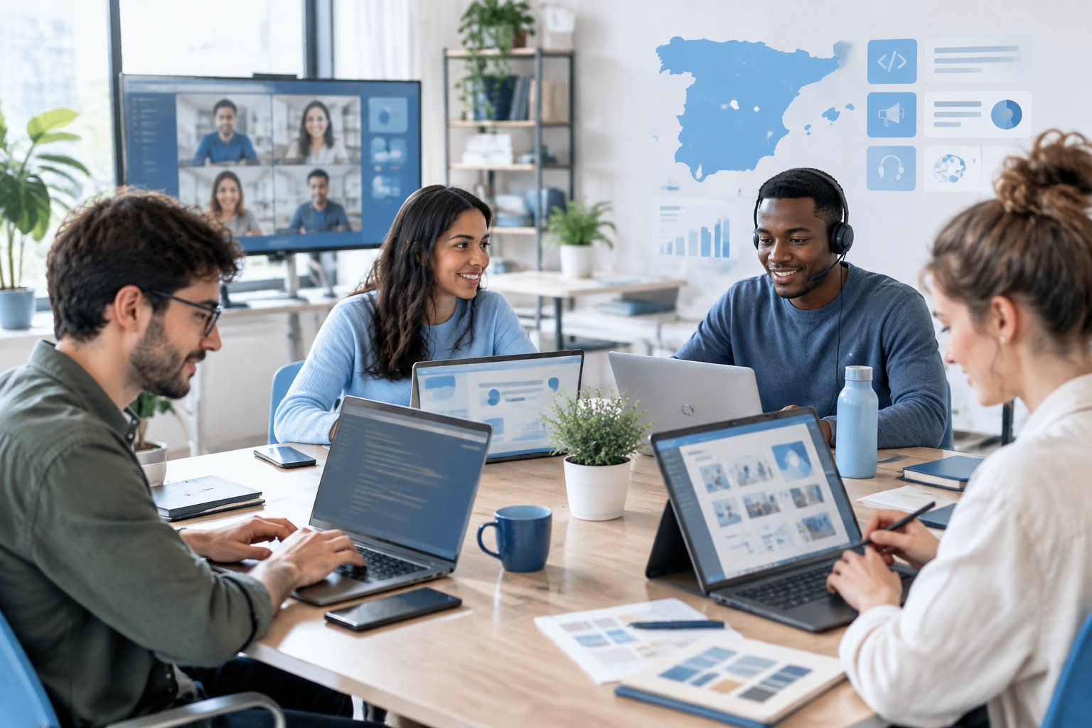Profesionales de distintos sectores buscan oportunidades de empleo remoto desde un espacio de trabajo compartido.