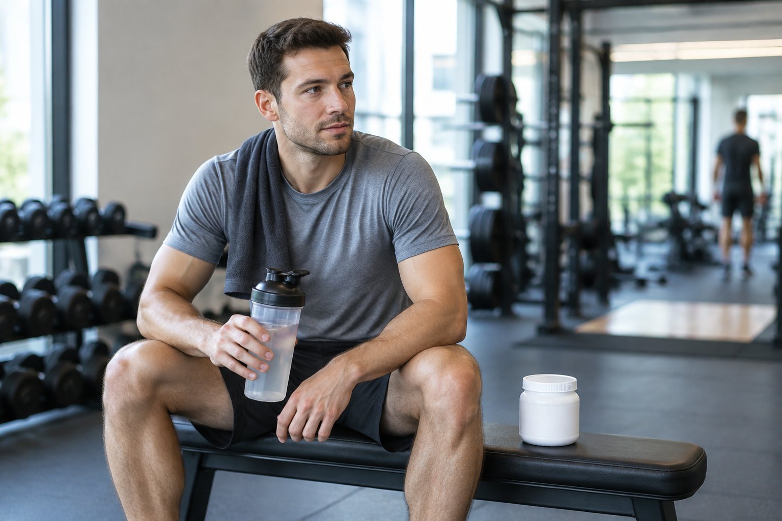 A man rests beside a shaker bottle and supplement container in a gym.
