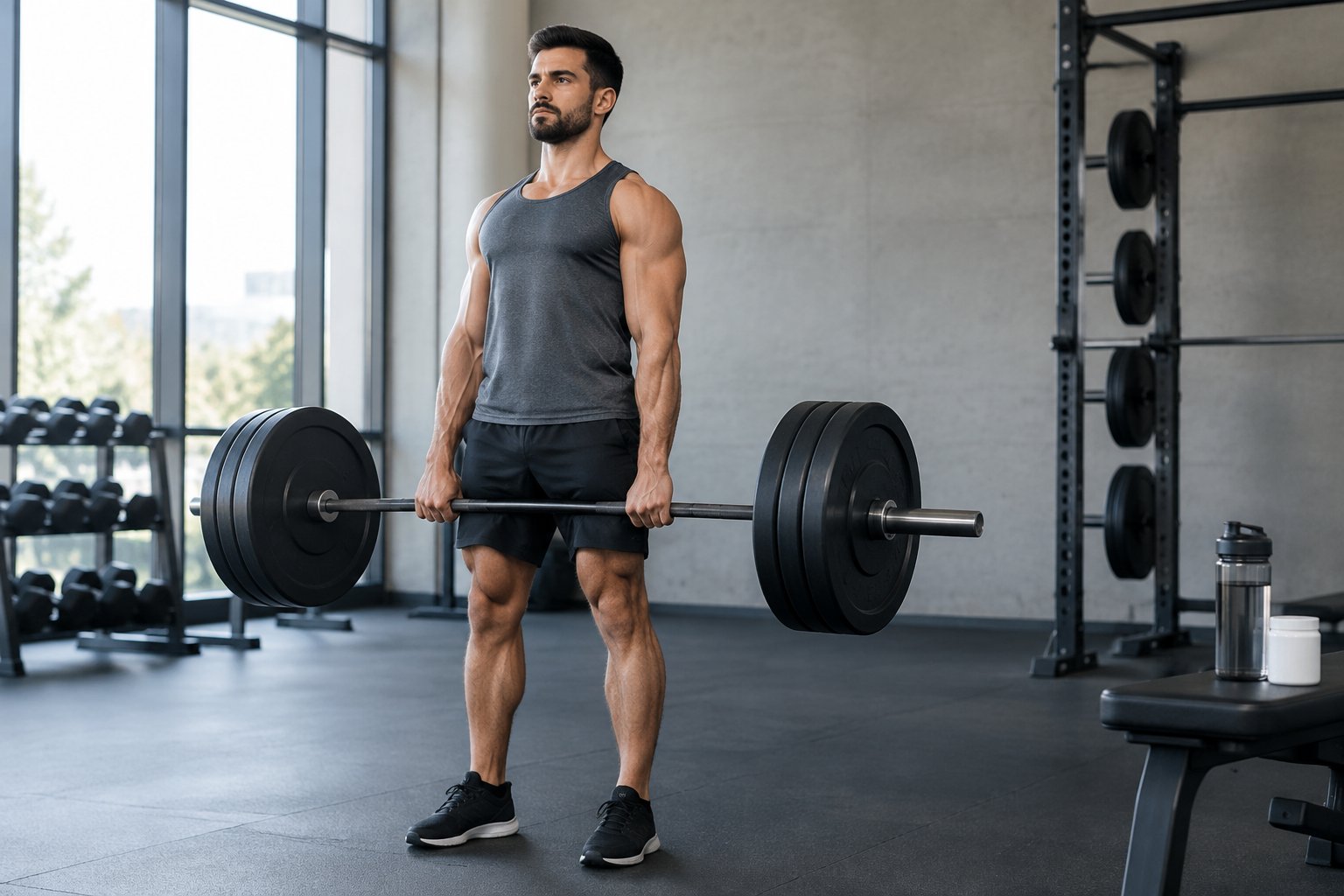 An athletic man lifts a barbell in a gym beside a water bottle and a small container.